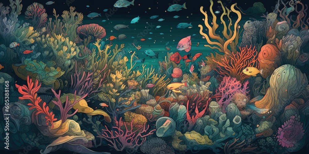 Artful illustration of fantasy underwater life, colorful and impressionistic, Generative AI  