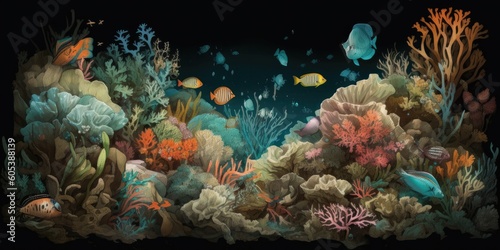 Artful illustration of fantasy underwater life, colorful and impressionistic, Generative AI  