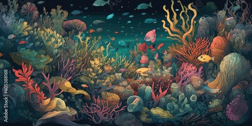 Artful illustration of fantasy underwater life  colorful and impressionistic  Generative AI  