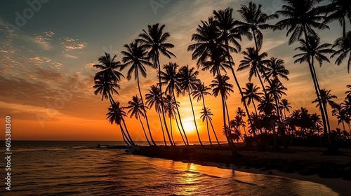 Silhouette coconut palm trees on beach at sunset  Generative AI