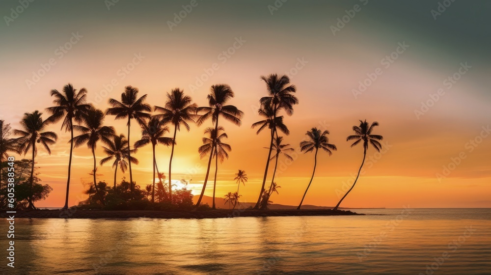 Silhouette coconut palm trees on beach at sunset, Generative AI