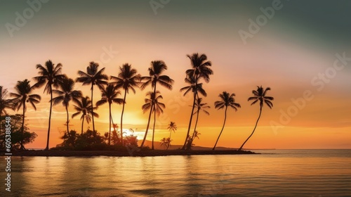 Silhouette coconut palm trees on beach at sunset  Generative AI