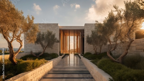 Modern white stone house on a sunny day Generative AI