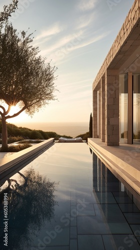 Modern white stone house with pool on a sunny day Generative AI
