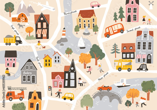 Cartoon childish city print. Vector childish seamless pattern with town symbols, cars, houses, buildings, trees, streets. City easy simple drawing map. © olgache