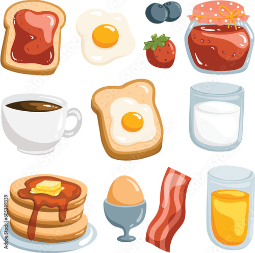 A cartoon drawing of breakfast items including eggs, bacon, eggs, bacon, toast, and coffee.
