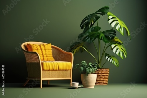 Yellow armchair and monstera plant on green background. 3d render