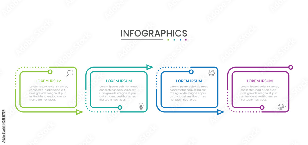 Business infographic thin line process with square template design with icons and 4 options or steps. Vector illustration.