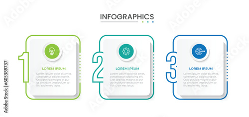 Business infographic thin line process with square template design with icons and 3 options or steps. Vector illustration.