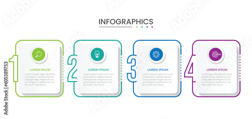 Business infographic thin line process with square template design with icons and 4 options or steps. Vector illustration.