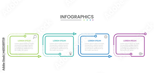 Business infographic thin line process with square template design with icons and 4 options or steps. Vector illustration.