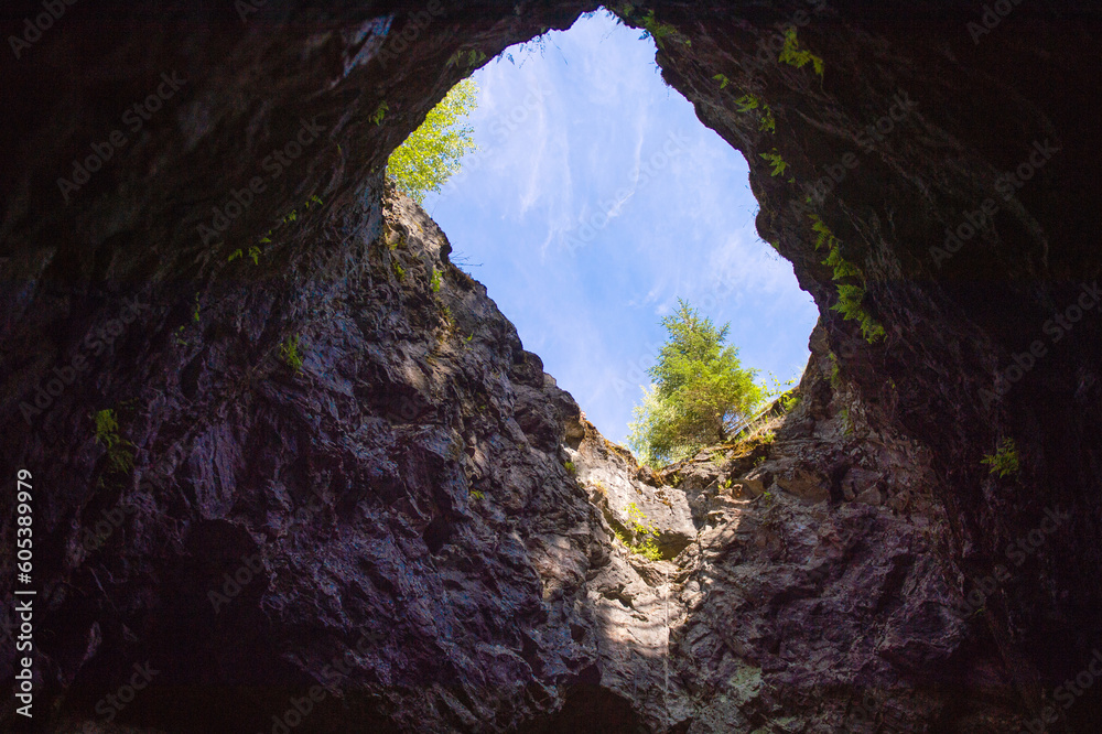 Ruskeala Mountain Park, Republic of Karelia. Through hole in the cave