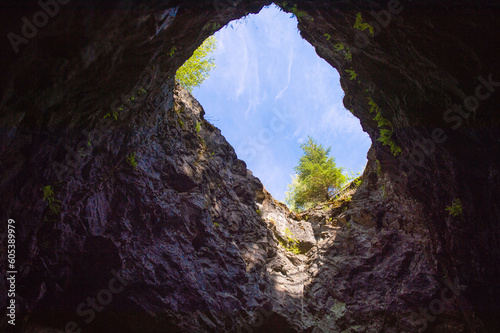 Ruskeala Mountain Park, Republic of Karelia. Through hole in the cave