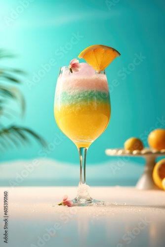 Refreshing summer drink cocktail with ice on pastel background. Summer time, beach, pool, drink, fruits. Generated AI.