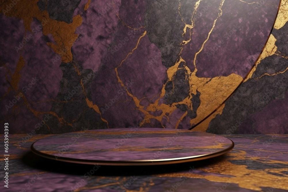 紫と黒と金色のマーブル模様の背景に丸い展示台がある抽象テンプレート。AI生成画像