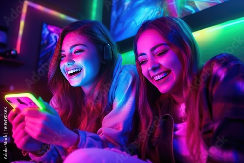 Friend smiling laughing happy taking selfie on their futuristic mobile phones. Technology future concept. Cyberwave, synhtwave, cyberpunk. Generated AI.