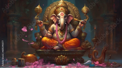 Illustration of Ganesha for Ganesha Chaturthi and Diwali, Generative Ai