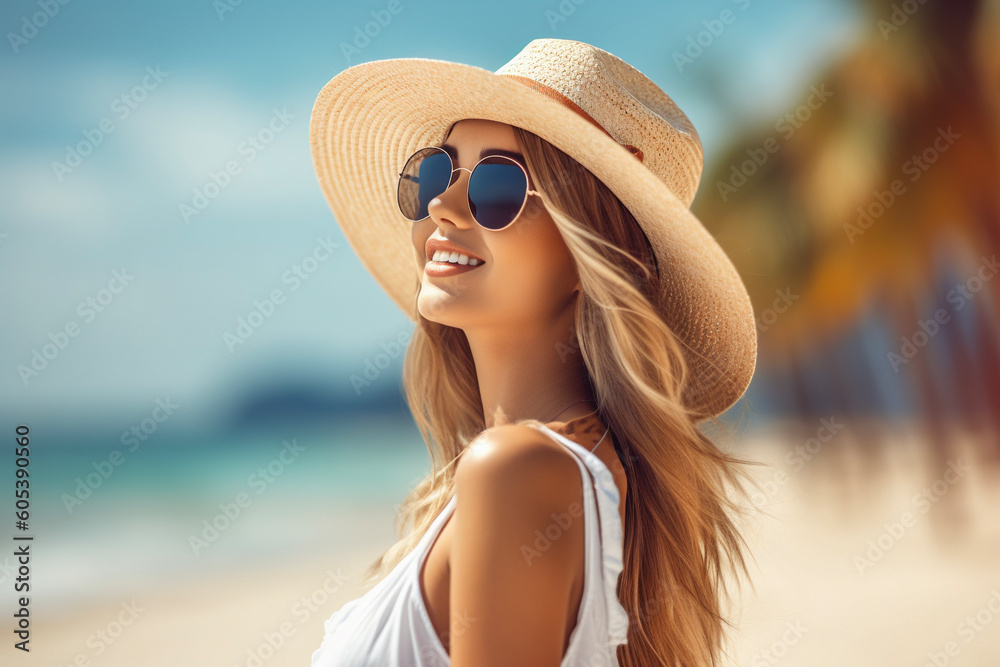 Woman in a hat and sunglasses on the beach. AI
