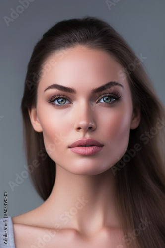 Beauty portrait of model with natural makeup isolated over gray background. AI