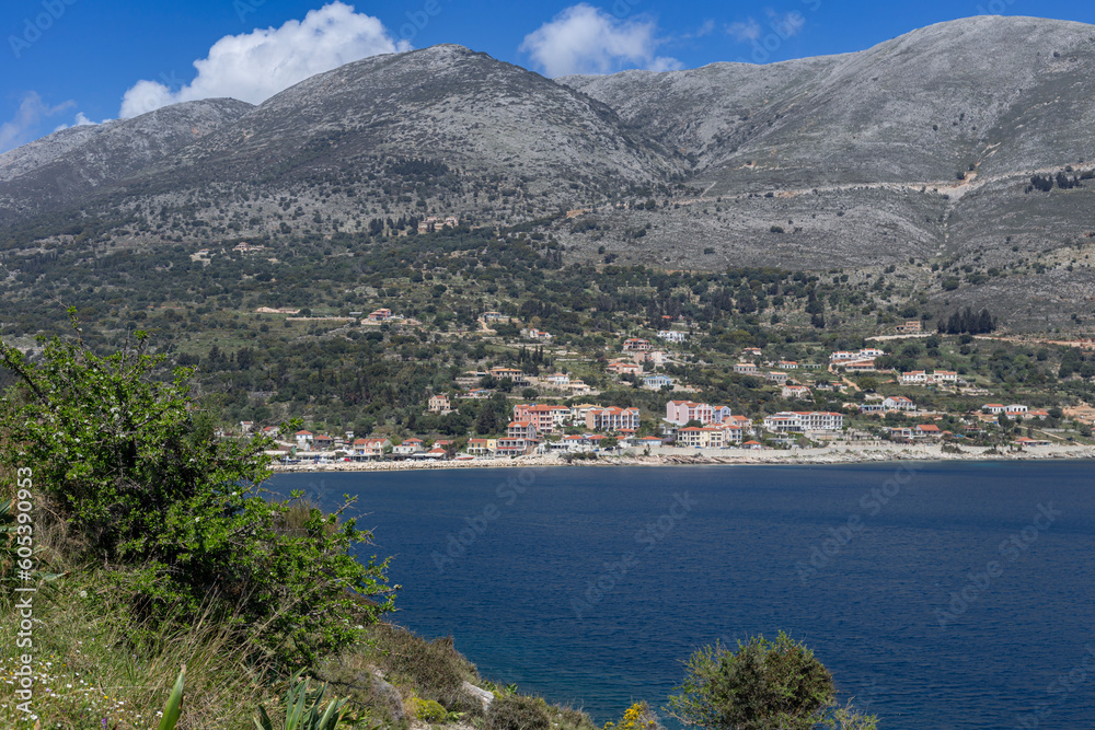 View of the sea, mountains and seaside town (Kefalonia Island, Greece) from a height