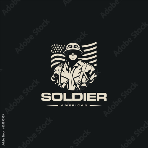 Soldier vector silhouette troop, military person design soldier in war against american flag background