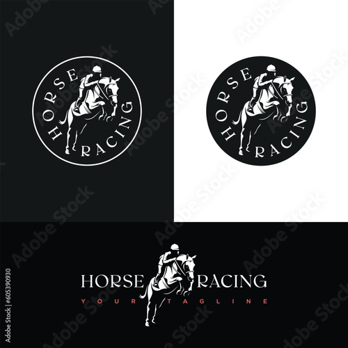 a jockey riding a jumping horse on a black background design inspiration
