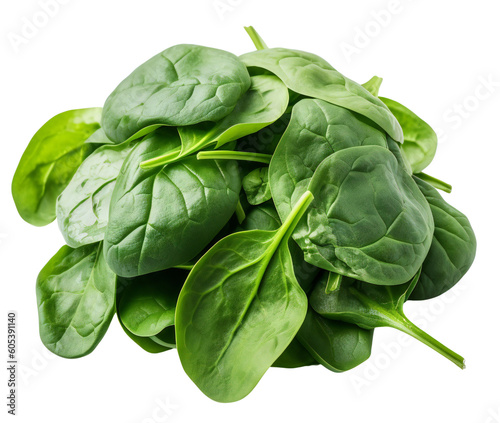 Bunch of fresh spinach. Bio scupper leaves. Isolated on a transparent background. KI.
