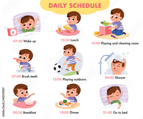 Kid accomplishes his tasks: wakes up, brushes teeth, has breakfast, plays outdoors, plays at home, goes to bed, takes shower. Boy establishing a successful daily routine.