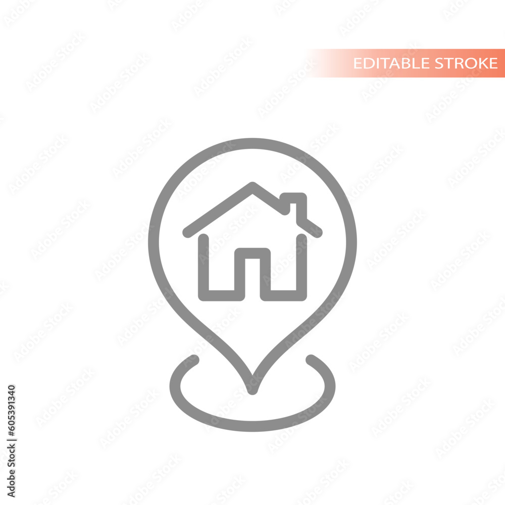 House, home and location pin line vector icon. Residential address outline symbol.