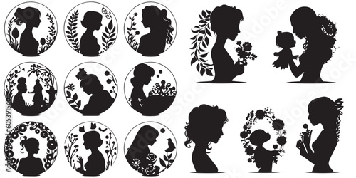 A set of silhouette women with child vector illustrations.