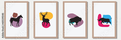 animal Silhouette vector set in frame with abstract shape , illustration