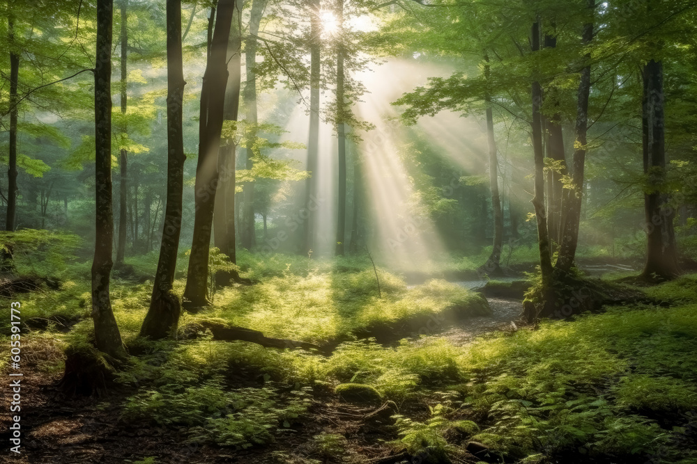 Sunlight and god rays passing through a dense forest. Generative Ai Illustration.