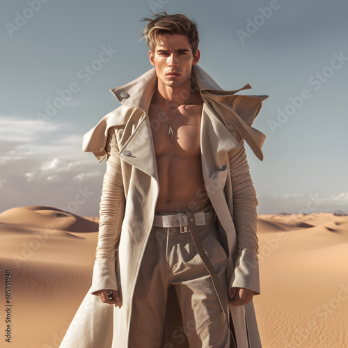 Male Model in Desert. Generative AI.