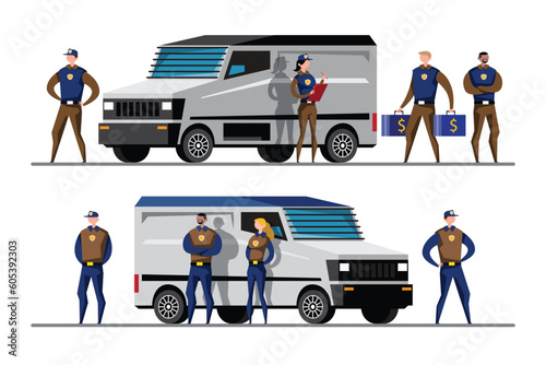 VECTOR EPS10 - bank security team and armored vehical.