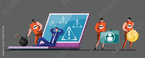 VECTOR EPS10 - hacker steal coins and data from network device when protection program is shutdown or error. cyber security and data protection concept.