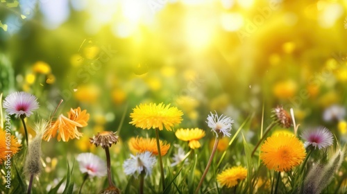 Beautiful colorful summer spring natural flower background in the form of a banner. Wildflowers and yellow dandelions on a bright sunny day with beautiful boke