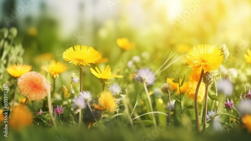 Beautiful colorful summer spring natural flower background in the form of a banner. Wildflowers and yellow dandelions on a bright sunny day with beautiful boke