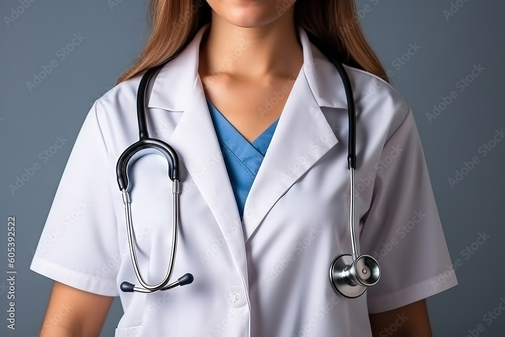 female doctor on lab coat with stethoscope over her neck female doctor on lab coat with stethoscope over her neck