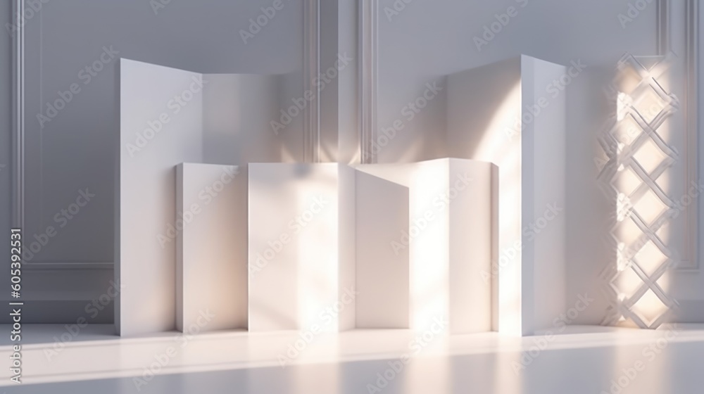 Beautiful light background mock-up for presentation with decorative white panels and decorate with hidden lighting Beautiful light background mock-up for presentation with decorative white panels and decorate with hidden lighting