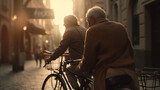 Elderly couple rides bicycle in the city. Generative Ai
