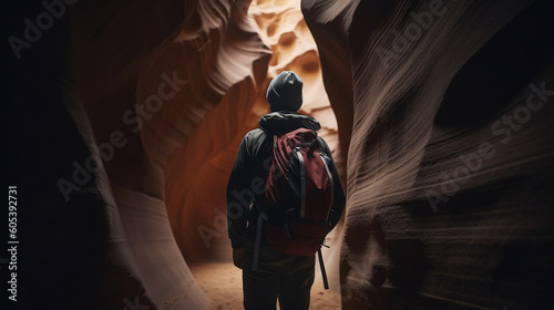 Hiker in the slot of canyons. Generative Ai