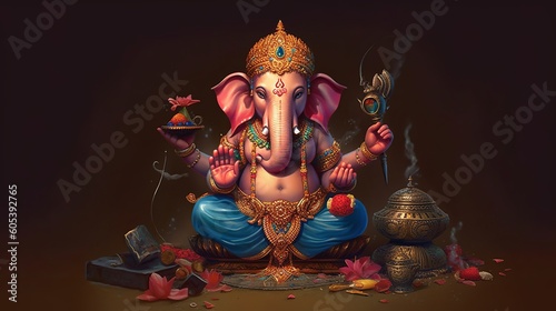 Illustration of Ganesha for Ganesha Chaturthi and Diwali, Generative Ai