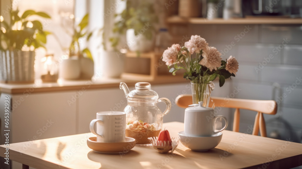Kitchen wooden table top with breakfast at morning time. Scandinavian style vintage kitchen interior. Created with Generative AI Kitchen wooden table top with breakfast at morning time. Scandinavian style vintage kitchen interior. Created with Generative AI