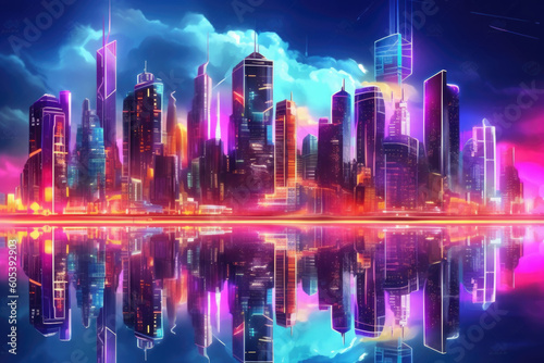 Skyline with neon colored city at night. Cityscape with reflection in river. Futuristic cyberpank banner with colorful skyscrapers. Created with Generative AI