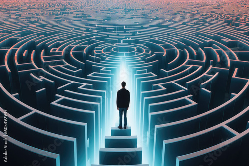 Person find exit from labyrinth in digital world. Human silhouette lost in futuristic technology maze. Digital addiction. Created with Generative AI