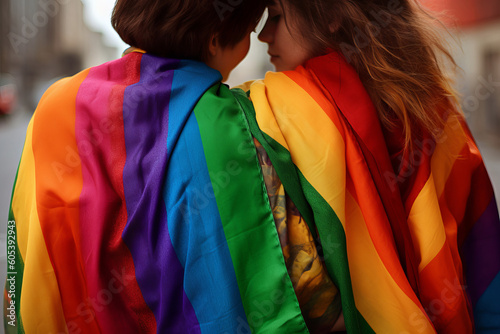 Rear view of a gay woman wearing a gay pride rainbow flag. Generative ai