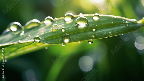 Beautiful water drops sparkle in sun on leaf in sunlight, macro. Big droplet of morning dew outdoor, beautiful round bokeh. Amazing artistic image of purity of nature