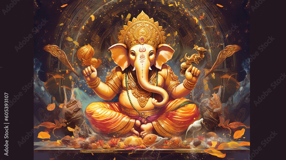 Illustration of Ganesha for Ganesha Chaturthi and Diwali, Generative Ai - obrazy, fototapety, plakaty 