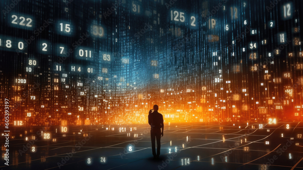Cyberspace with binary code. Human silhouette in digital world. Virtual reality and futuristic background. Created with Generative AI Cyberspace with binary code. Human silhouette in digital world. Virtual reality and futuristic background. Created with Generative AI