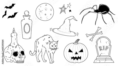 Halloween illustration set. Mystic doodle style